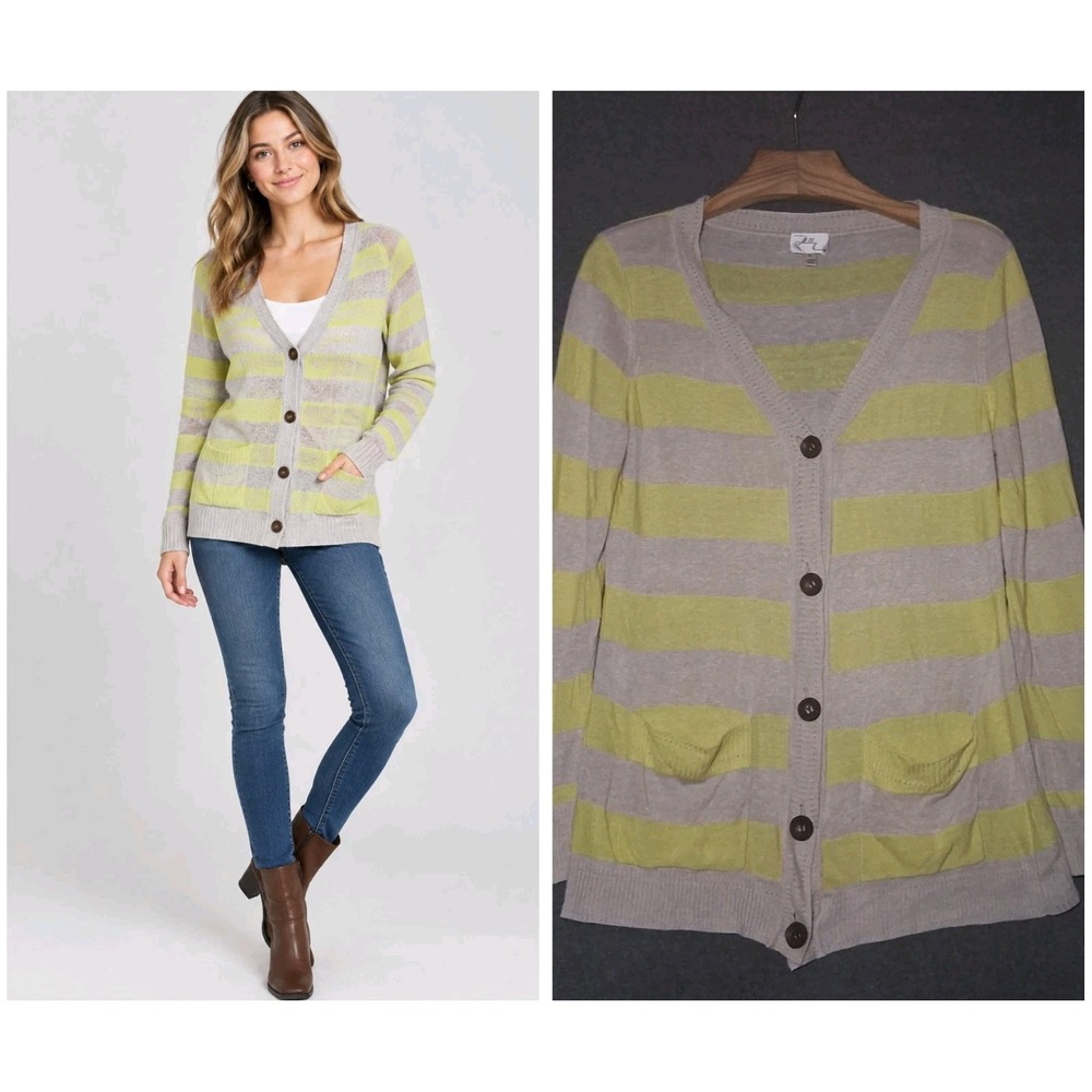 Milly of New York Tan Yellow Stripe Linen Button Front Tunic Knit Sweater Size L